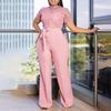 Damen Hochgeschlossener Kurzarm-Jumpsuit mit Spitzen-Patchwork Lockerer Sitz Hoher Bund Elegantes Weites Bein Jumpsuit