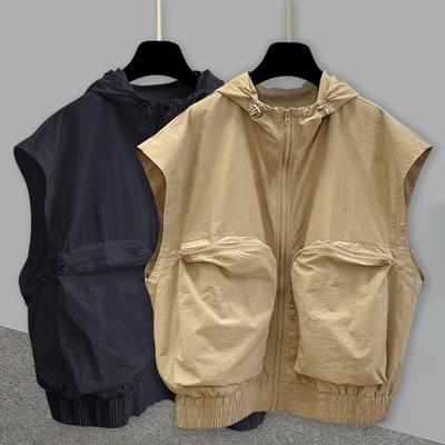 Oversized Vintage Hooded Vest Men Sleeveless Zipper Hoodie Spring Summer Silhouette Design Denim Shoulder Pads Tank Top