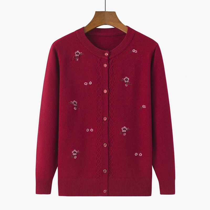 Autumn Sweaters Winter Knitted Clothes Women Printed Middle Aged Mother Embroidered Long Sleeve Tops Button Sweater