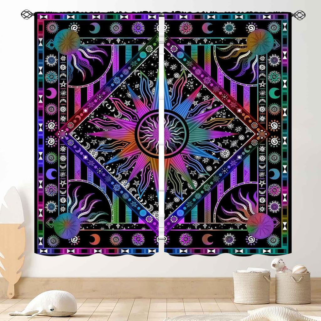 Hippie Mandala Vorhänge, Indisches Medaillon Trippy Boho Paisley Ästhetische Kunst Dekoration Bunte Orange Fensterbehandlung Für