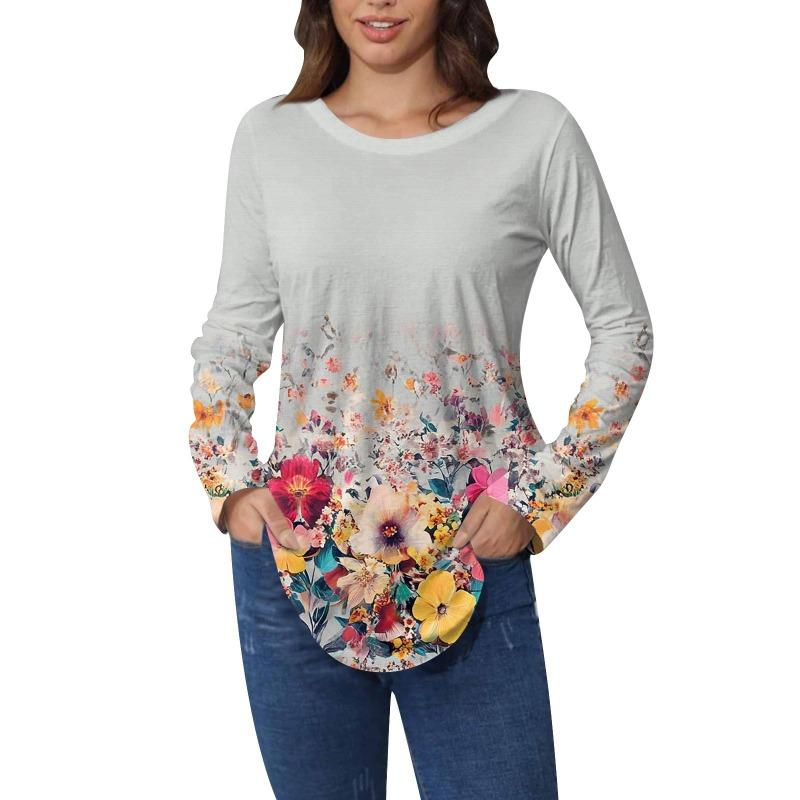 Shirts for Women Cute Vintage Pattern Print T-Shirt Long Sleeve Tunic Tops Cotton Pullovers T-Shirts Women’s