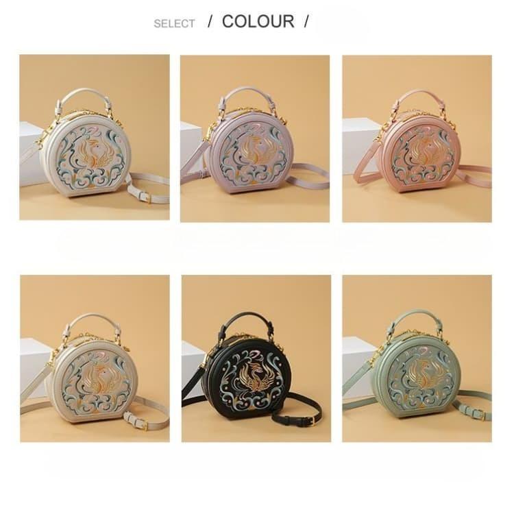 Vintage Embroidery Round Shoulder Bag, Zipper Handbag, Classic Trend Niche Satchel Bag