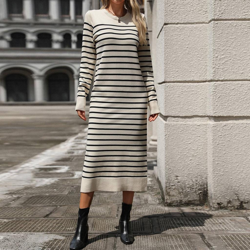 Ladies Fashion New Slim Fit Color Sweater Striped Long Skirt Fashionable Autumn And Winter Dress