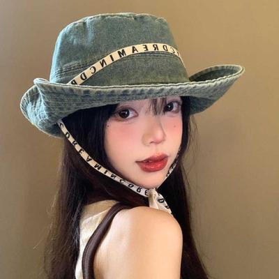 Autumn Hat Women's Retro Cowboy Hat Letter Strap Mountaineering Hat Outdoor Hiking Big Head Circumference Bucket Hat