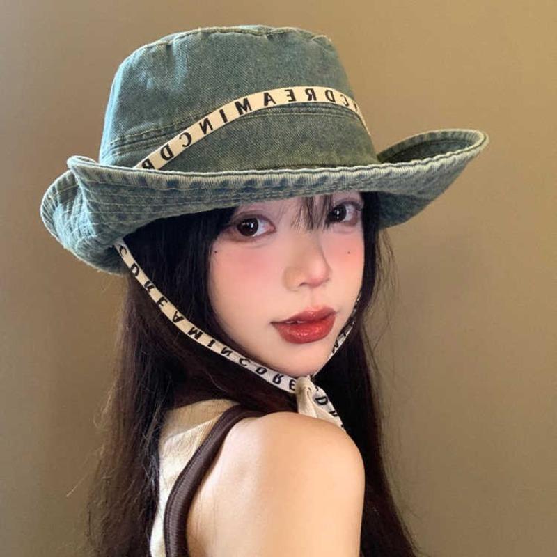 Autumn hat women's retro cowboy hat letter strap mountaineering hat outdoor hiking big head circumference bucket hat