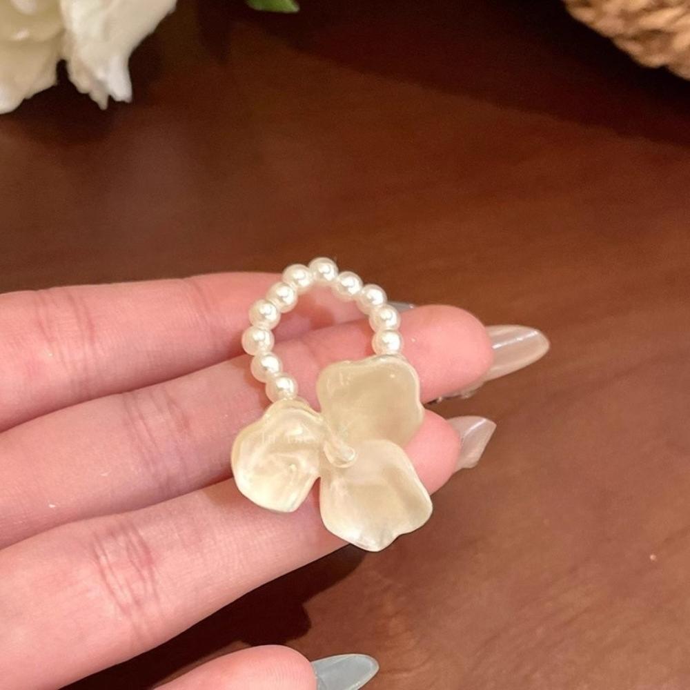 Romantic Fashion Dopamine Colorful Flower Imitation Pearl Beaded Rings for Women Sweet Vacation Finger Jewelry Accessories Gift