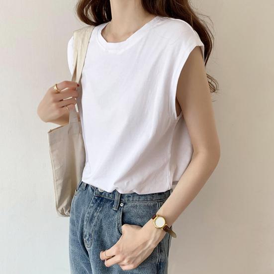 Women Summer T-shirt Sleeveless Loose Pure Color Round Neck Pullover Simple Style Commute Homewear Daily Tank Top Lady Blouse