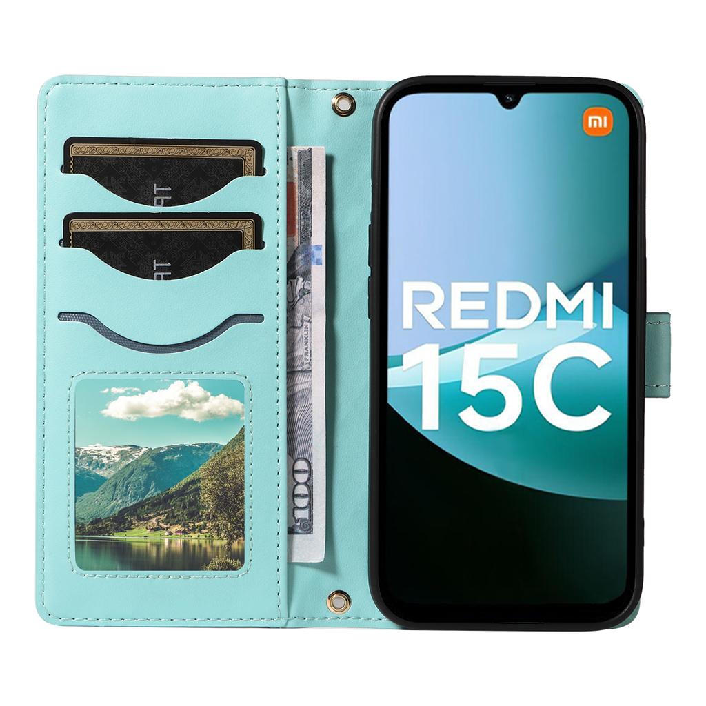 For Xiaomi Redmi 15C 4G (173mm) Wallet Case Rhombus Leather Phone Cover with Strap