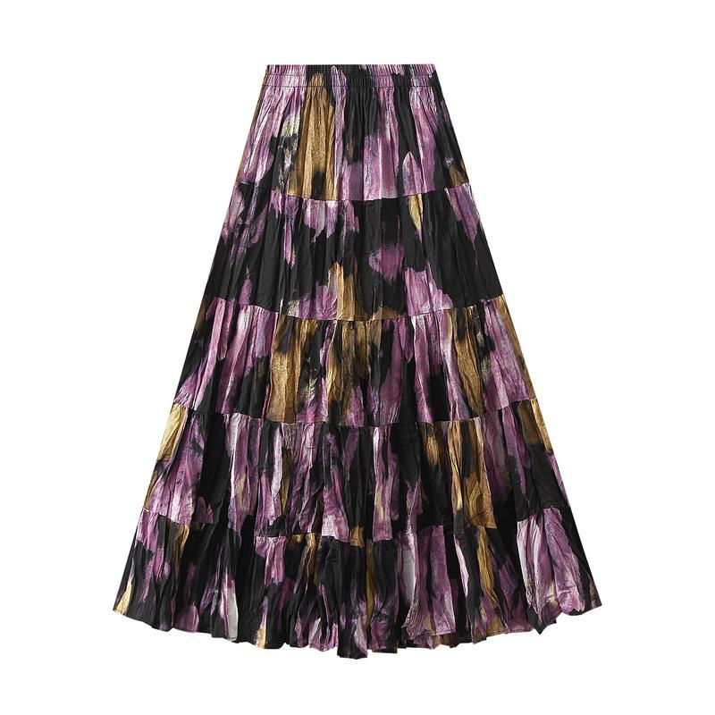 Qooth Elegant Women A Line Pleated Flower Skirt Midi Length Elastic Waist Casual Skirt QT2753