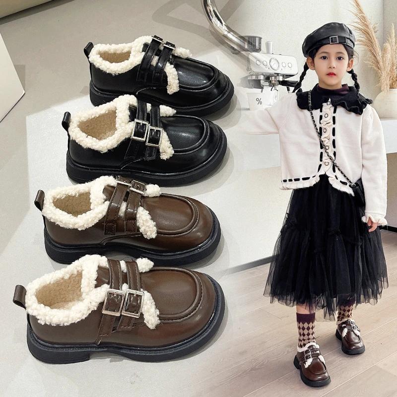 2024 Children Leather Shoes for Girls Winter New Fashion Korean Style Soft Bottom Princess Plush Anti-slippery Chic Warm Shoes