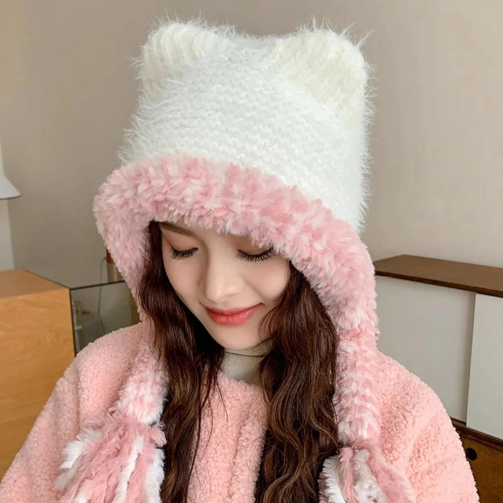 Cute Edge Winter Hat Ear Protection Warm Knitted Woolen Hat Windproof Thermal Beanie Cap Winter