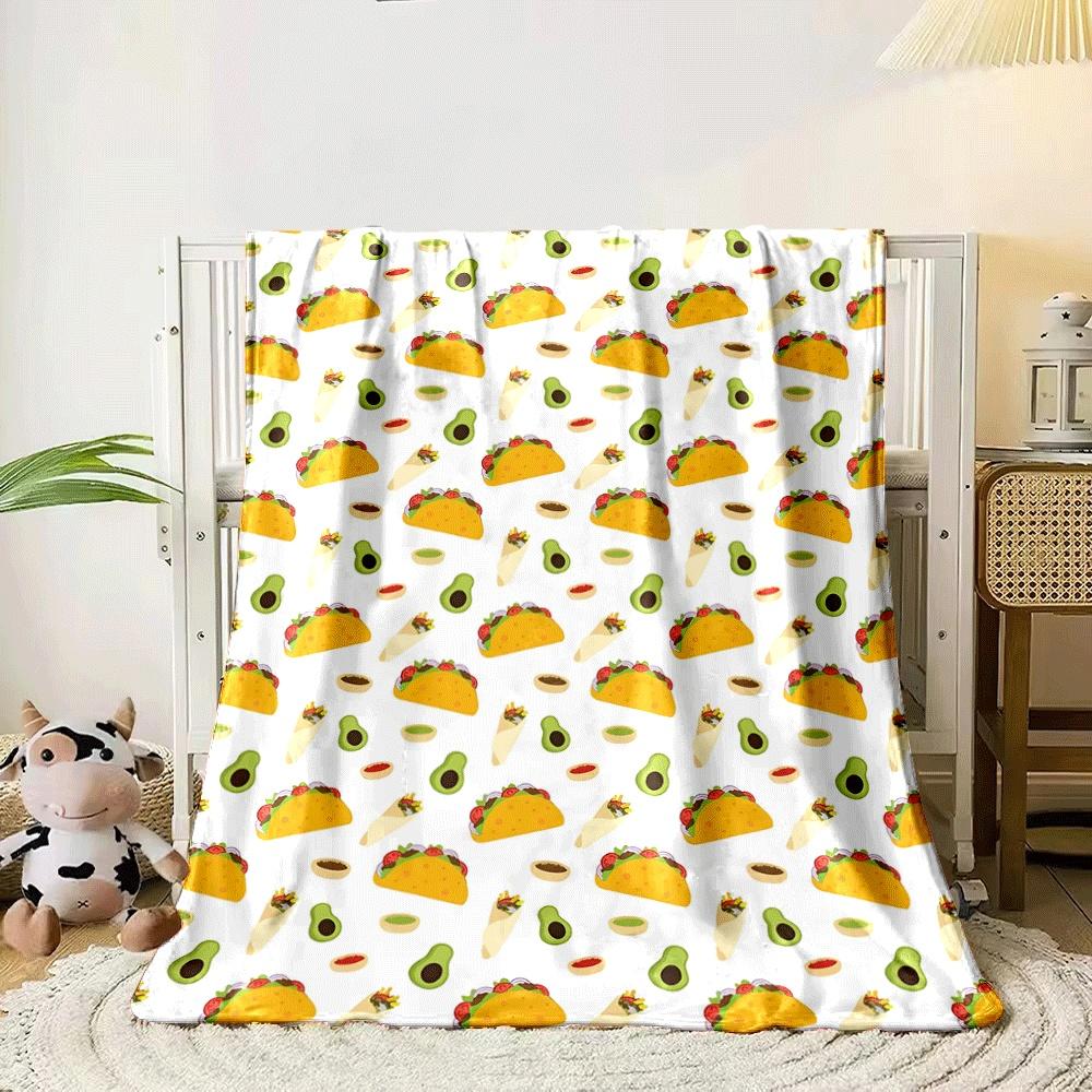 Repeating pattern of tacos, burritos, avocados, and sauces on white. for all seasons blanket lunch break throw gift 80cm x 120cm