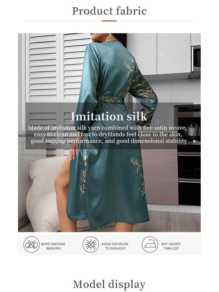 Cherry Print Ice Silk Bathrobe for Women - Summer Breathable, Stylish, Long Sleeve Tie-Up Pajamas