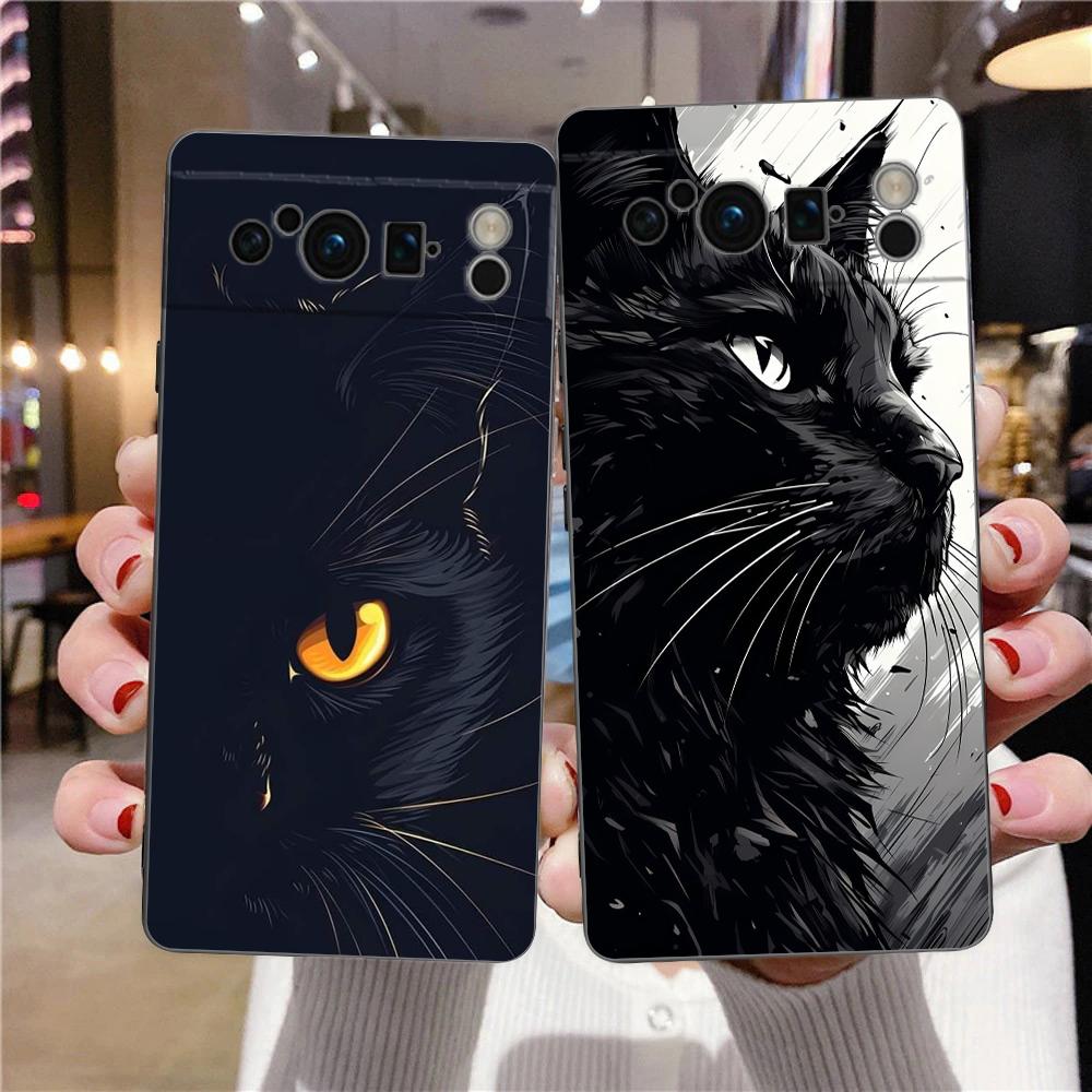 Black Cat Phone Case For Google Pixel 9 8 7 6 Pro XL 8A 6A 7A 5G Soft Shockproof TPU Black Cover Fundas