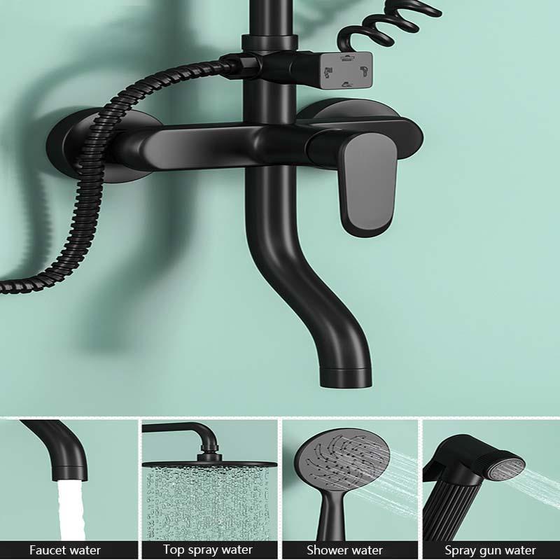 Ensemble Robinet Douche Baignoire Sur Pied – Noir Mat, Laiton, Système Complet