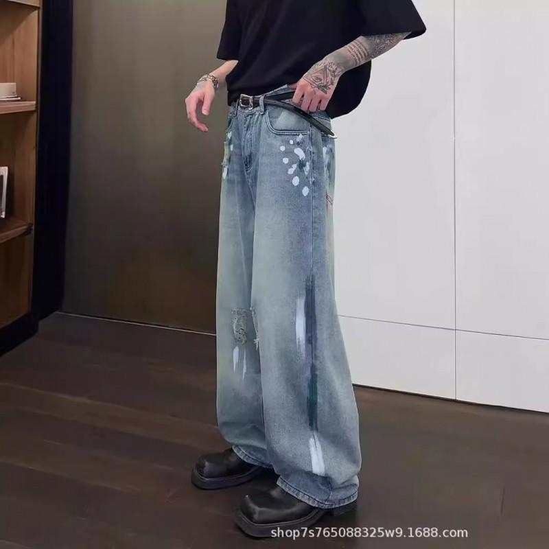 Mens Relaxed Fit Straight Leg Denim Pants With Hand-Painted Splatter Wash Distressed Rips Mid-Rise Cotton Blend All Season