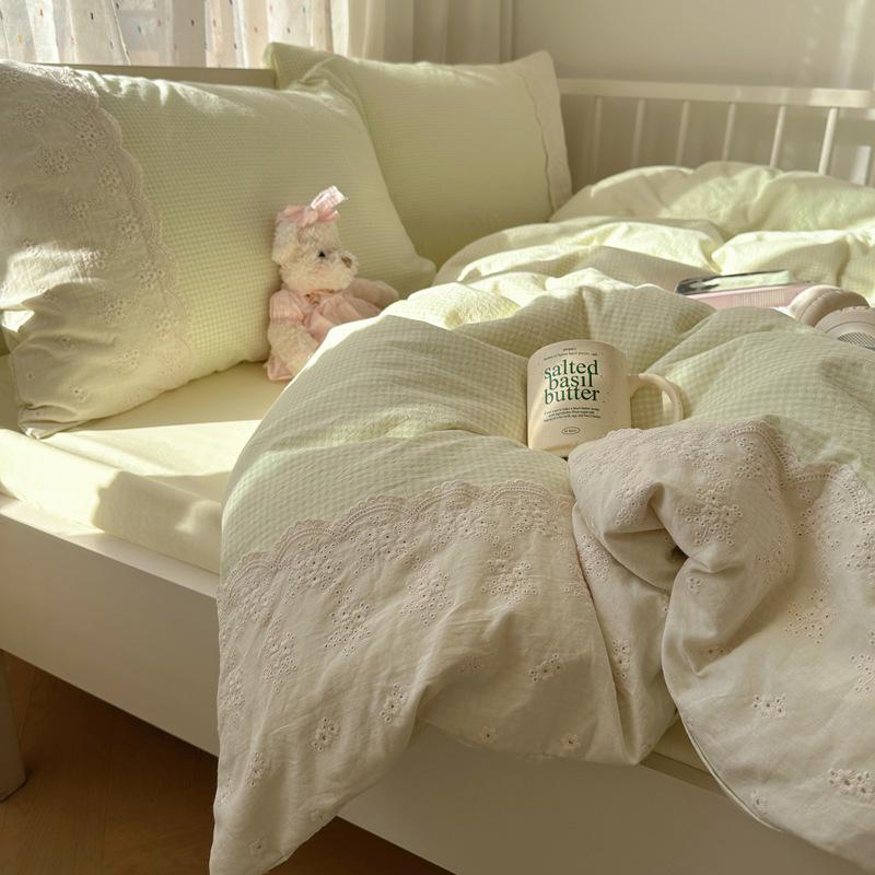 French Style Lace Bedding Set 3/4PCS - Wash Cotton Duvet Cover & Pillowcases Soft Breathable Active Printing for Home Bedding