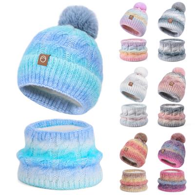 Women's Fashion Contrasting Color Wool Hat And Scarf Two-piece Set: Winter Gradient Pom-pom Knitted Hat, Warm Scarf And Hat Set