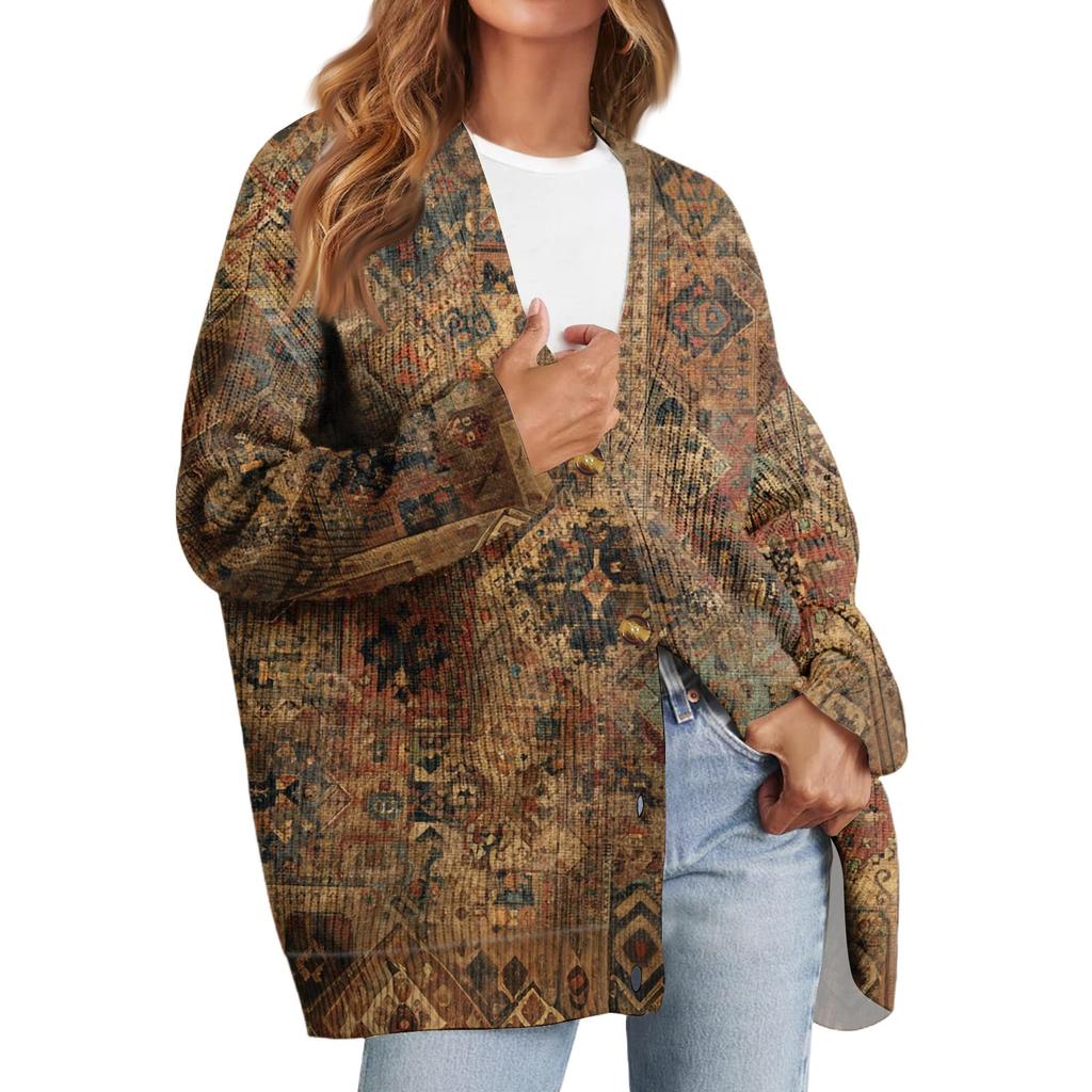 Women's Fashion Long Sleeve Print V-Neck Button Loose Cardigan Top