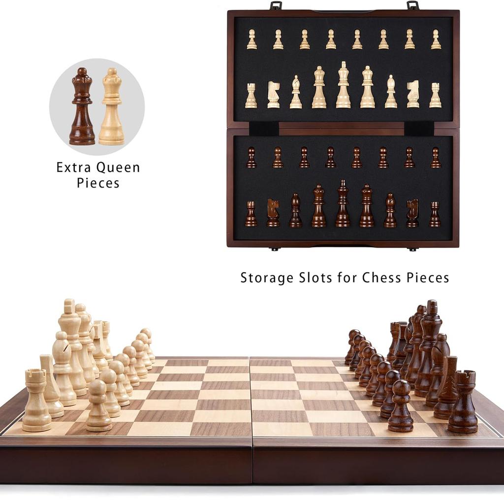 39Cm/15" Wooden Chess Set – Foldable Board, Handcrafted Pieces, Storage Slots, Gift Box, For Adults, Beginners & Tournament