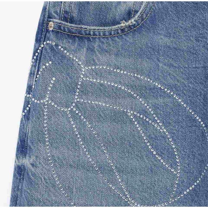 Women's Fashion Slim Fit High Waist Denim Pant Rhinestone Embellished Jeans Street Blue Wash Solid Color Casual Wide Leg Jean 2025 Spring