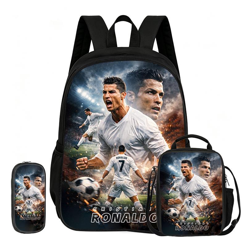 Zaino Sportivo Calcio Set 3 Pezzi Ronaldo Zaino Scolastico Imparare, Borsette da Viaggio per Matite, Borsa Pranzo, Zaino Stella del Calcio