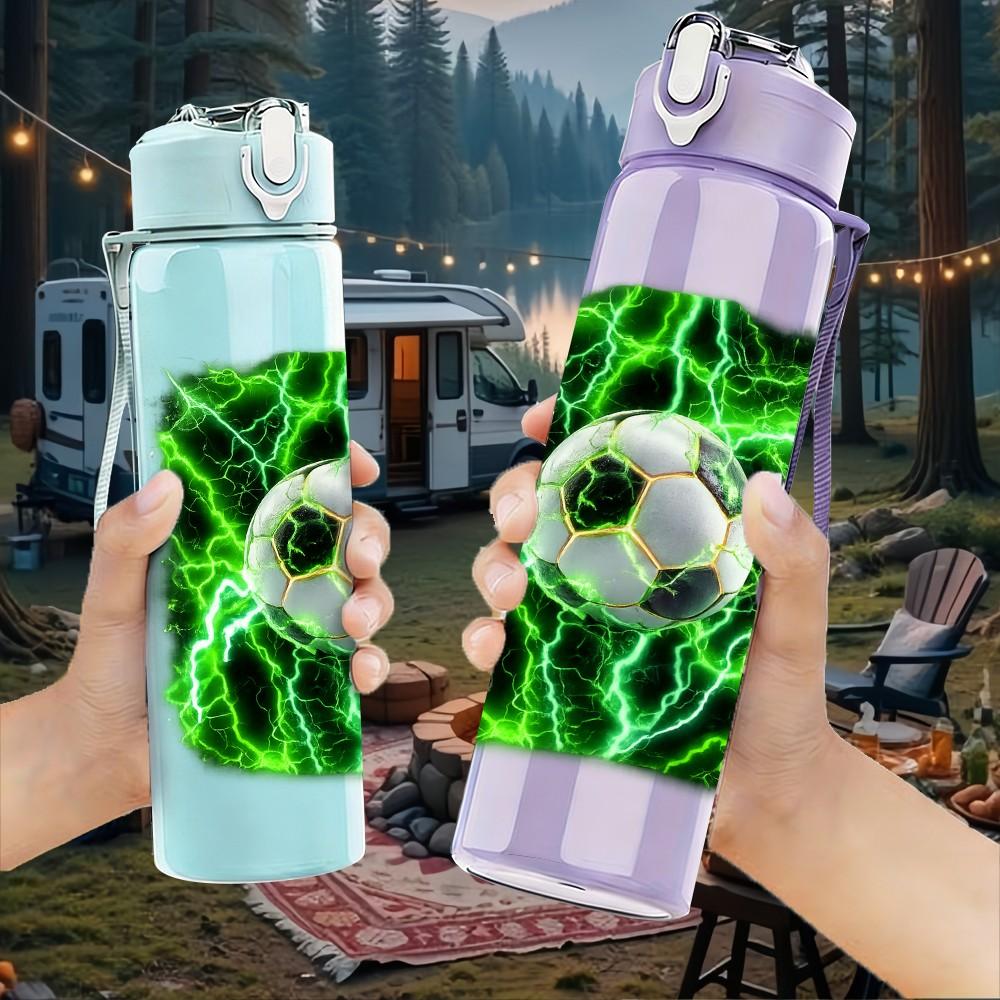 1PC Green Lightning Soccer Ball Print 750ml Color Plastic Sports Water Bottle Leakproof Flip Straw Lid Suitable for Sports Office Home Use
