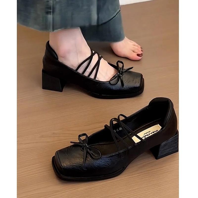 Retro cross-strap horse thick heel Lizhen shoes women's new square head light mouth bow small leather shoes