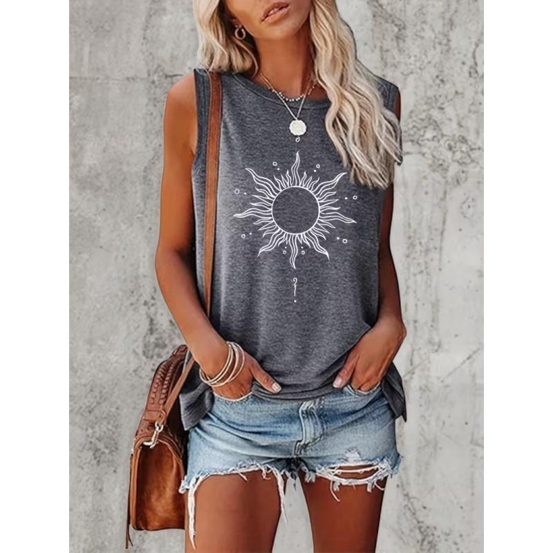 Damen Tanktop T-Shirt mit Print und gemusterten kurzen Ärmeln, ärmelloses Damen Rundhals-T-Shirt