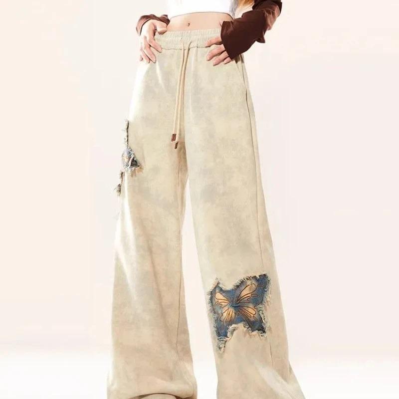 GlowGirl American Butterfly Fringed Embroidered Wide Leg Sweatpants for Women High Waisted Straight Leg Loose Pants S