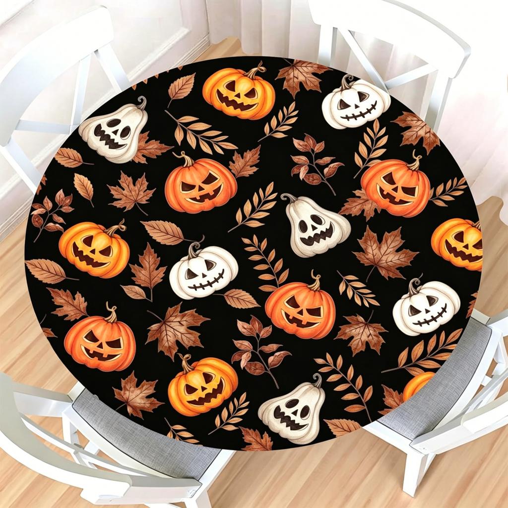 Halloween Round Table Cover Waterproof Oilproof Stretch Fitted Tablecloth Pumpkin Ghost Print Wipeable Table Protector Home Party Holiday Dining Decor