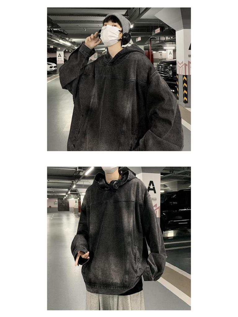 Men's Retro Denim Hooded Sweatshirt Jacket – Washed Distressed Look for Autumn/Winter