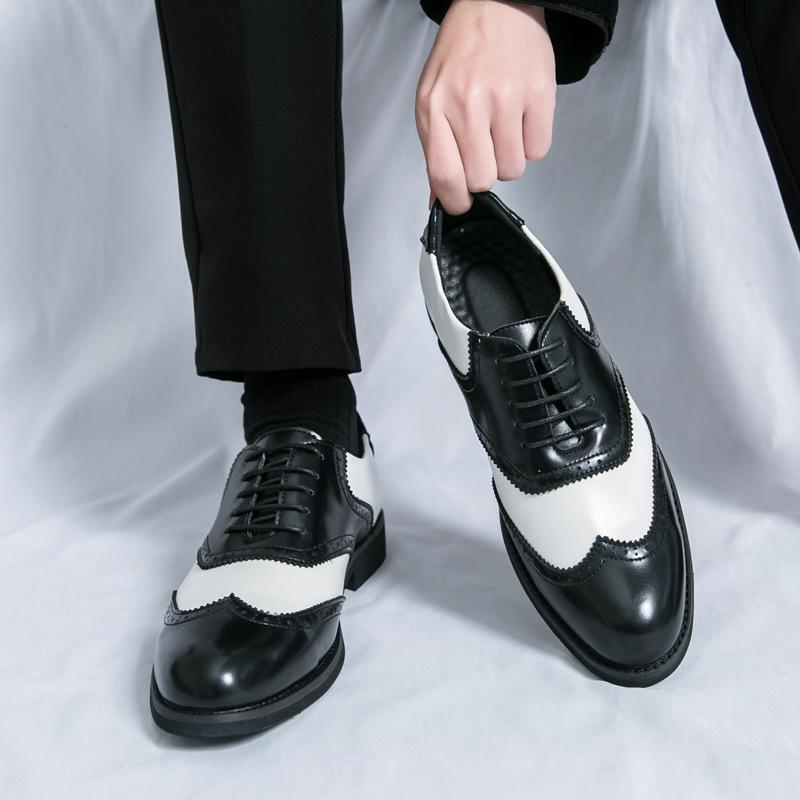 Leather Shoes Men's Spring and Autumn Dress Black and White Color Matching Men's Shoes Engraved Brock Leather Shoes Men's Wedding Shoes Derby Shoes