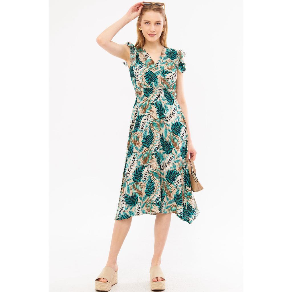 Vestido midi beige para mujer, cuello cruzado, volantes en los hombros, cintura elástica, largo midi, mangas 24y001020