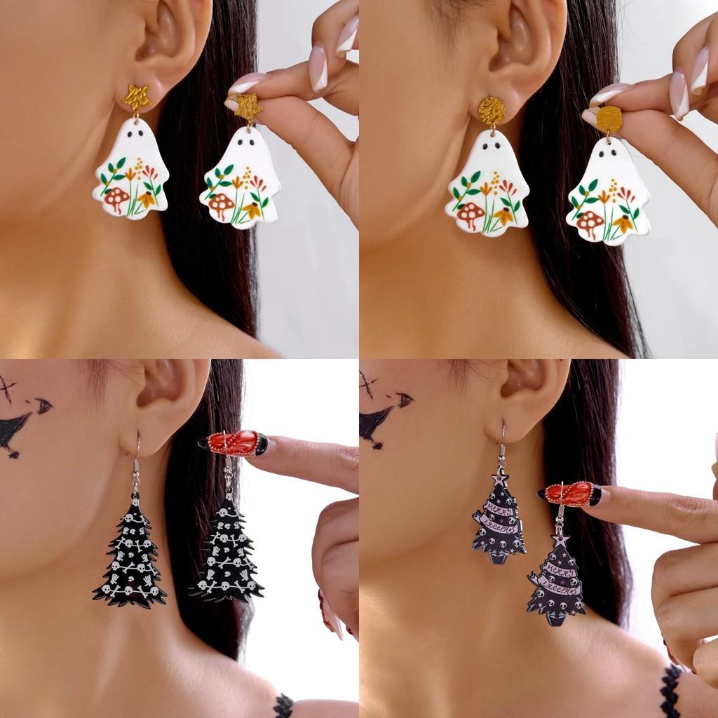 Acrylic Geometric Ghost Dangle Earrings With Electroplated Finish For Stylish Women