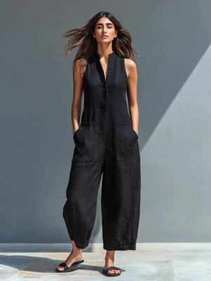 Combinaison sans manches à col montant boutonnée - Style européen et américain - En stock - Prête pour les vacances