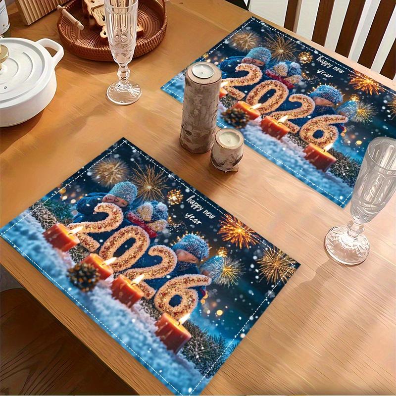 6PC Flat Printing Placemat Wishing You A Bright and Cheerful New Year 2026 Daily Dining Decoration Party Tableware