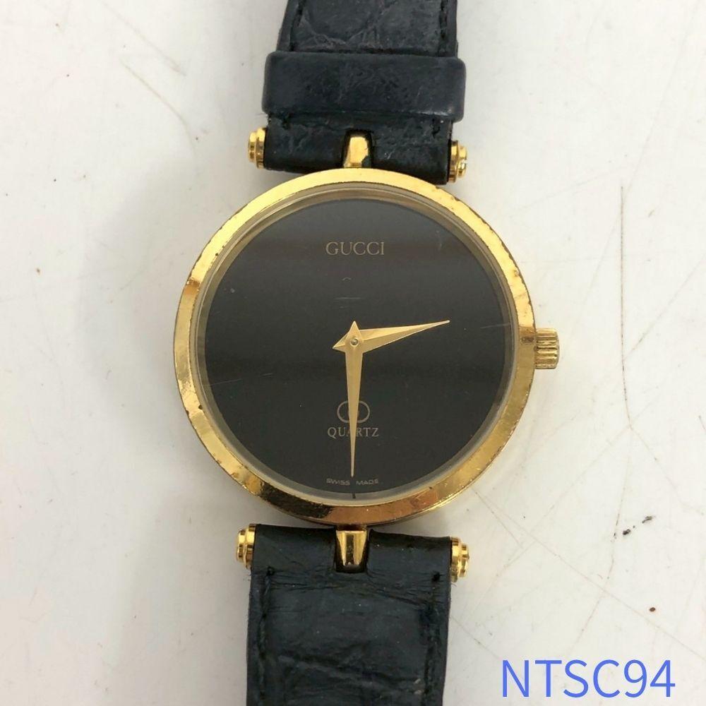 Used GUCCI Gucci watch quartz vintage black black gold gold sherry line watch leather belt ladies round shape round