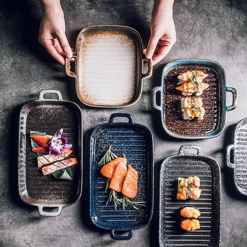 Keramik Doppelohr Gestreifte Backplatte Retro Sushi Sashimi Platte Dessertteller Salatteller Restaurant Spezialgeschirr