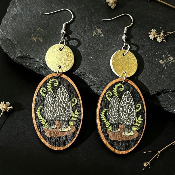 Retro Forest Mushroom Print Metal & Leather Wood Earrings