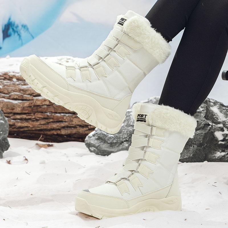 Fur-lined Snow Boots Women Plush Winter Hiking Shoes Ladies Anti-slip Warm Cotton Shoes Waterproof High-top Boots