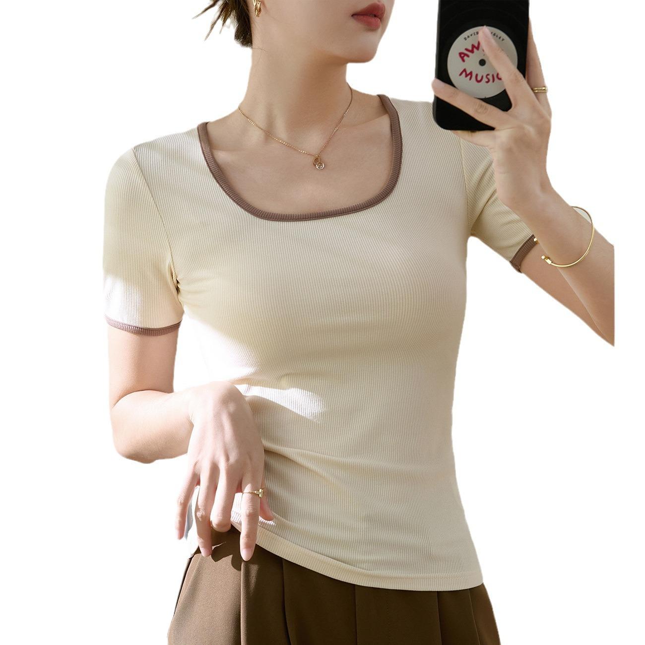 

Футболка из хлопка с квадратным воротником для женщин с короткими рукавами, новая облегающая рубашка в стиле ретро с цветовыми блоками 2XL