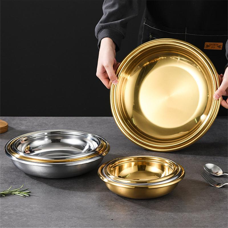 Korean Stainless Steel Round Storage Tray Western Food Serving Plate Dessert Cake Flat Dinners Dishes Kitchen Metal Tableware