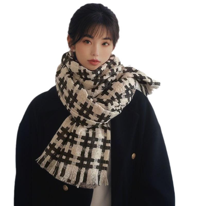 Geometric Checkerboard Plaid Scarf Women's Autumn Winter Versatile Warm Student Couple Thick Neck Warmer Men's