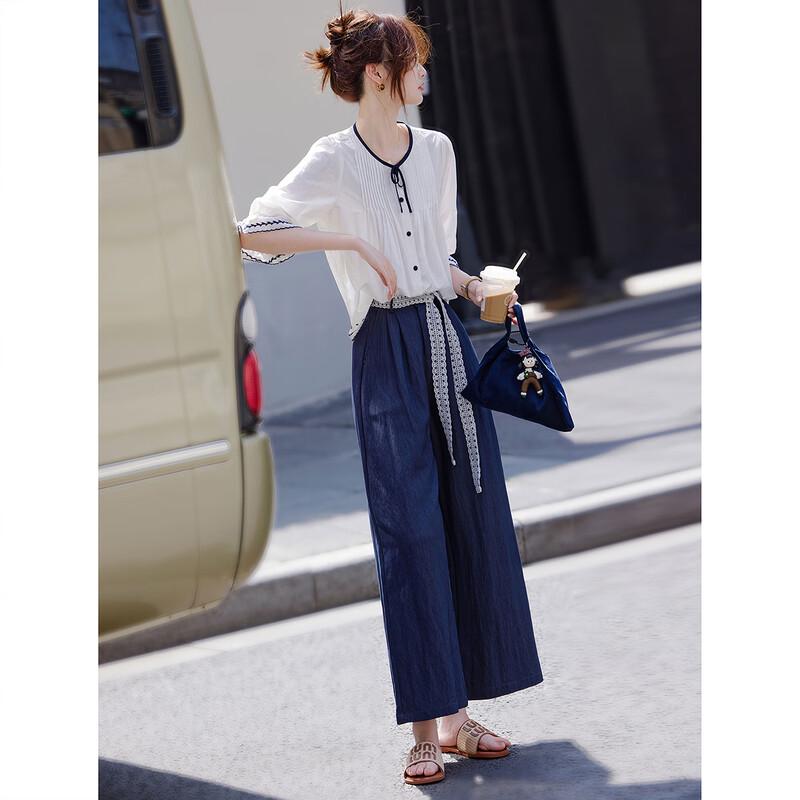 Women's Round Neck Shirt & Wide-Leg Trousers Set