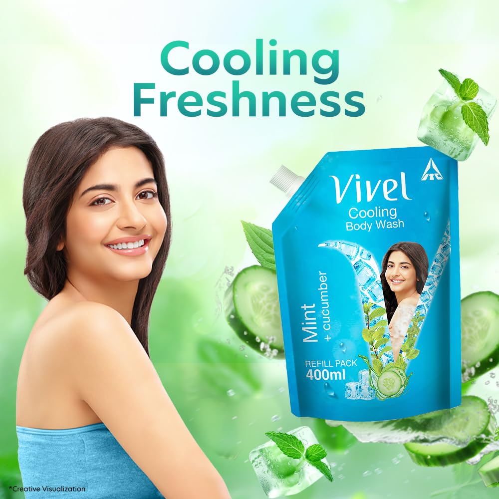 Vivel Mint & Cucumber Body Wash 400 Ml Supersaver Refill Pouch Moisturizing Shower Gel For Soft Smooth Skin