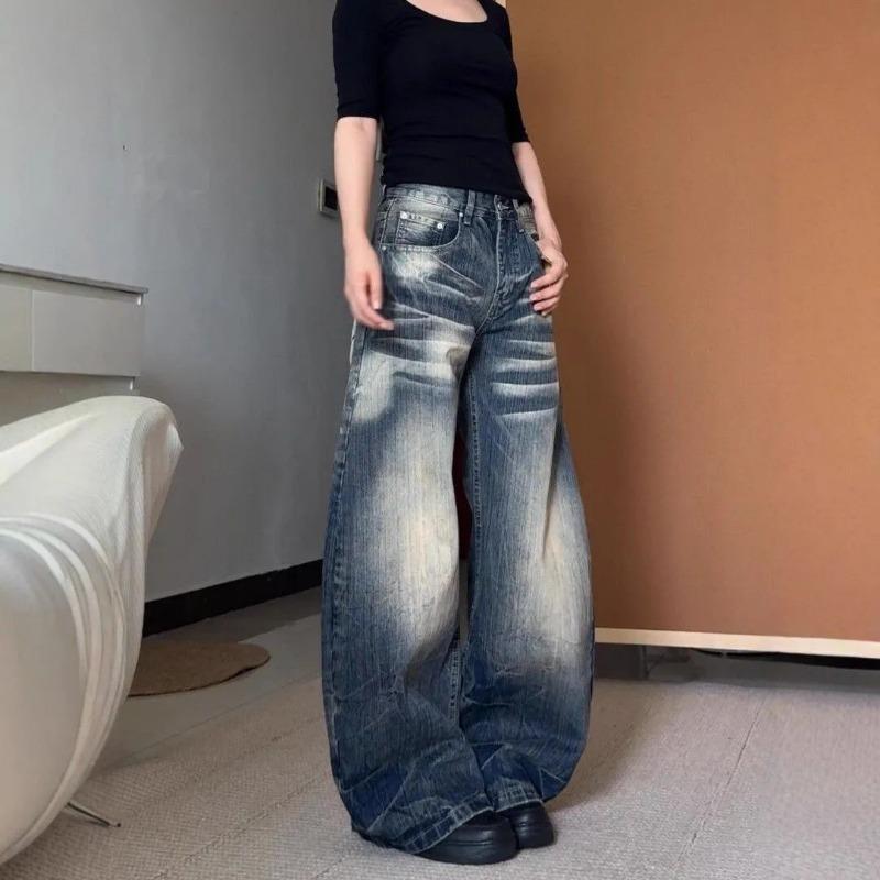 American Distressed High Street Washed Scimitar Jeans Women's Autumn New Loose High Waisted Wide Leg Floor-Mopping Trousers