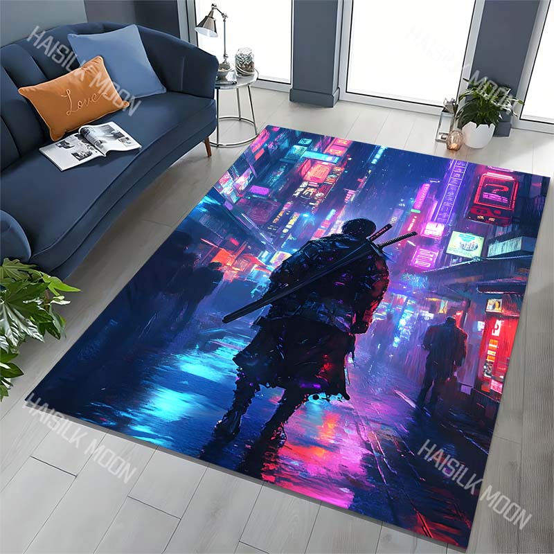 Futuristic city, rainy night, warrior Carpet for Living Room Bedroom Sofa Home Decor Rus Non-slip Floor Mat Luxury Gift