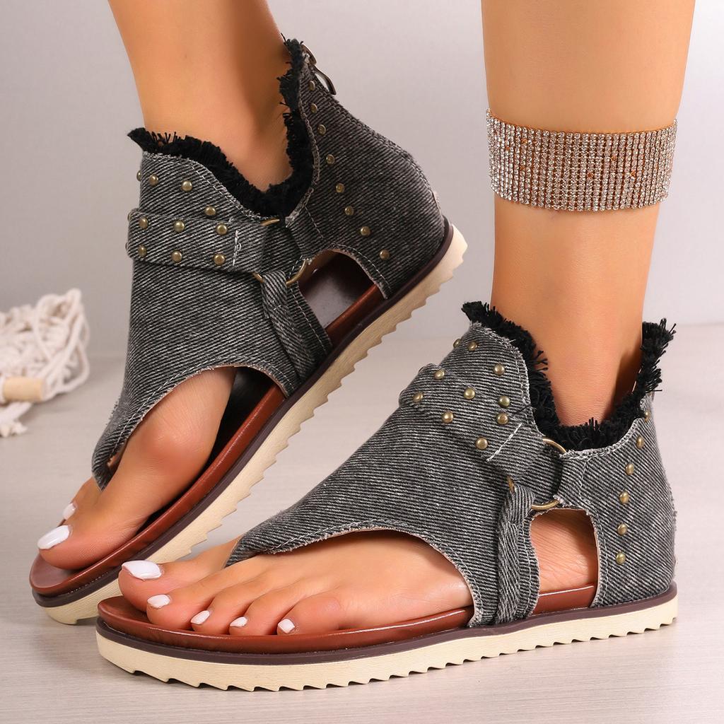 Women's Studded Denim Flat Thong Sandals with Back Strap Open Toe Casual Beach Footwear for Summer