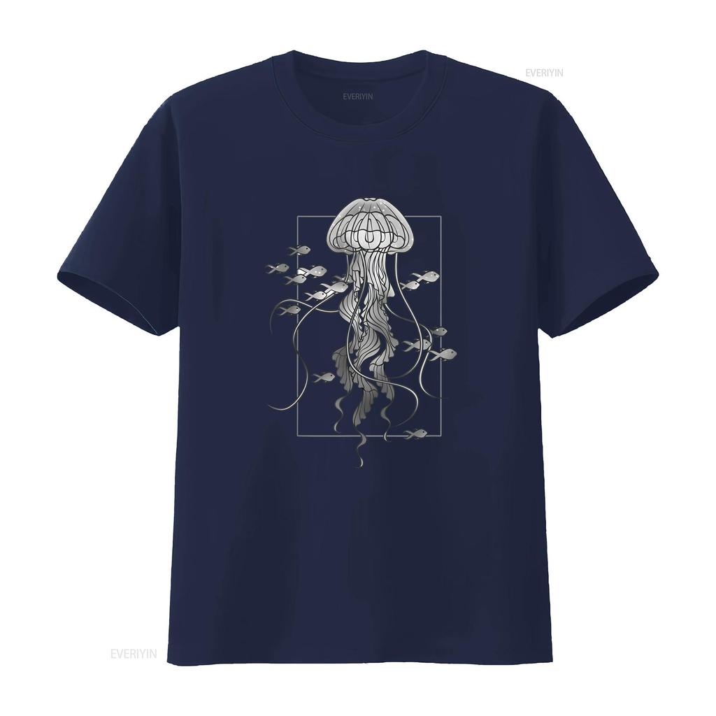 Jellyfish with Fishes In Sea T Shirt Vintage Washed Homme Slightly Streetwear Fashion Breathable Versatile Designer Clothes